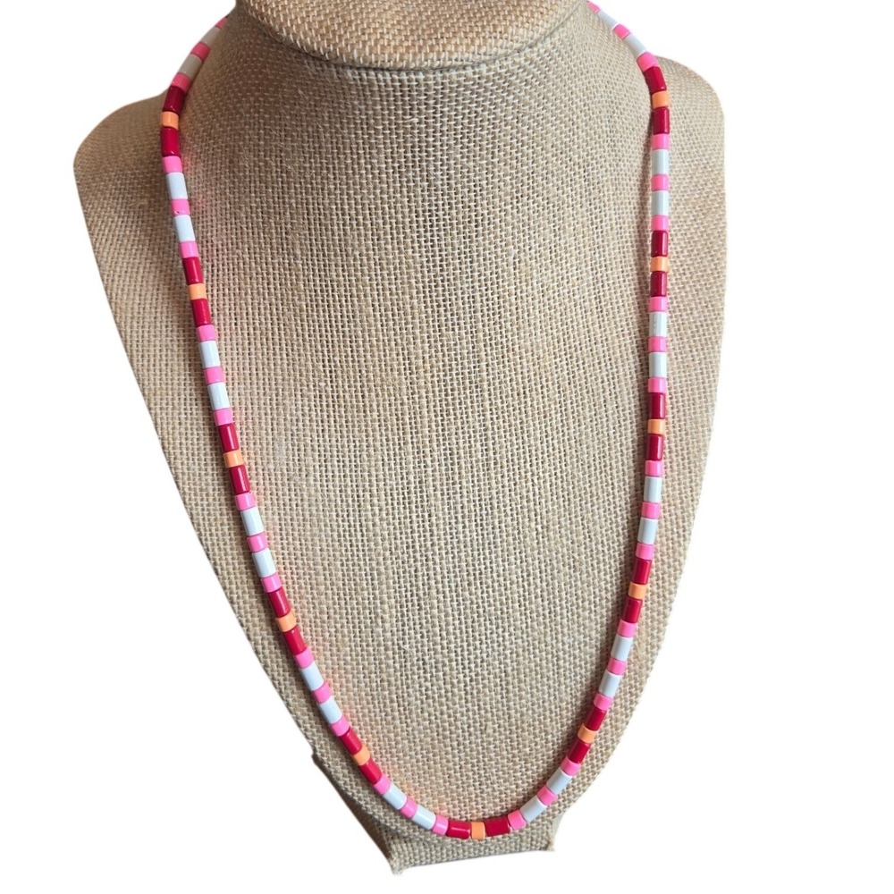 Roxanne Assoulin Beaded Necklace Enamel Pink Red Rainbow Brite Colorful Boho
